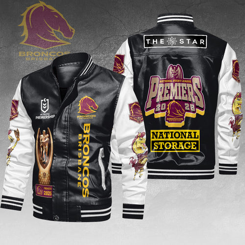 Brisbane Broncos 2025 NRL Premiers Leather Bomber Jacket – HOATT14088