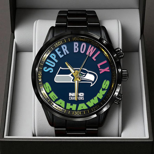 Seattle Seahawks 2025 NFC Champions Black Stainless Steel Watch – TANTN20639
