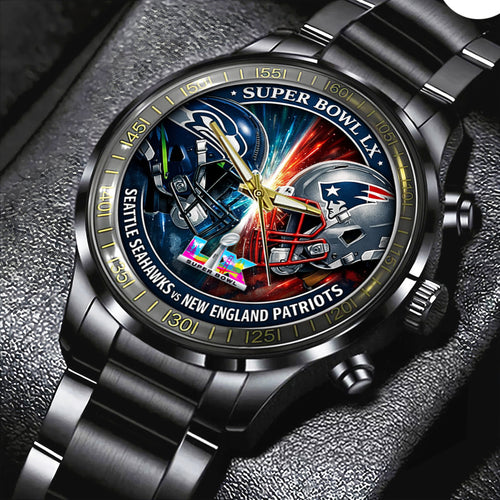 Seattle Seahawks x New England Patriots Super Bowl LX 2025 Black Stainless Steel Watch – TMTHU3472