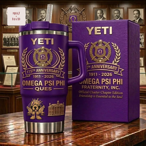 Omega Psi Phi 115th Anniversary Commemorative Purple and Gold Insulated Handle Tumbler