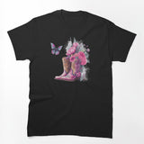 Pink Cowgirl Boots With Flowers And Butterflies Shirt