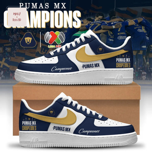 UNAM Pumas Liga MX Campeones 2026 Limited Edition Navy Blue and Gold Custom Air Force 1 Sneakers