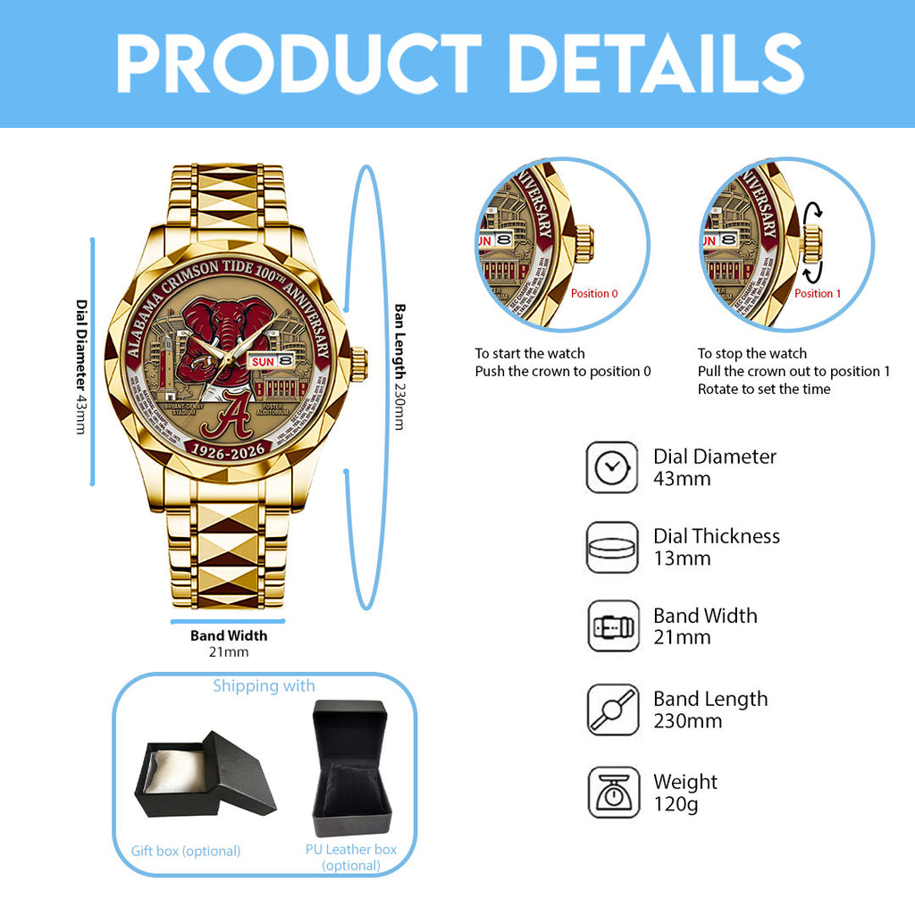 Alabama Crimson Tide Football 100th Anniversary 2026 Alloy Luxury Quartz Watch – TANTN21312