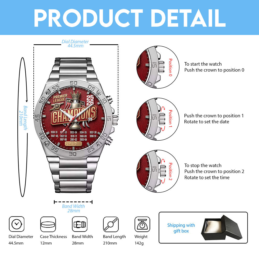 Arsenal FC Premier League Champions 25/26 Gentleman Stainless Steel Watch – TMTHU6341