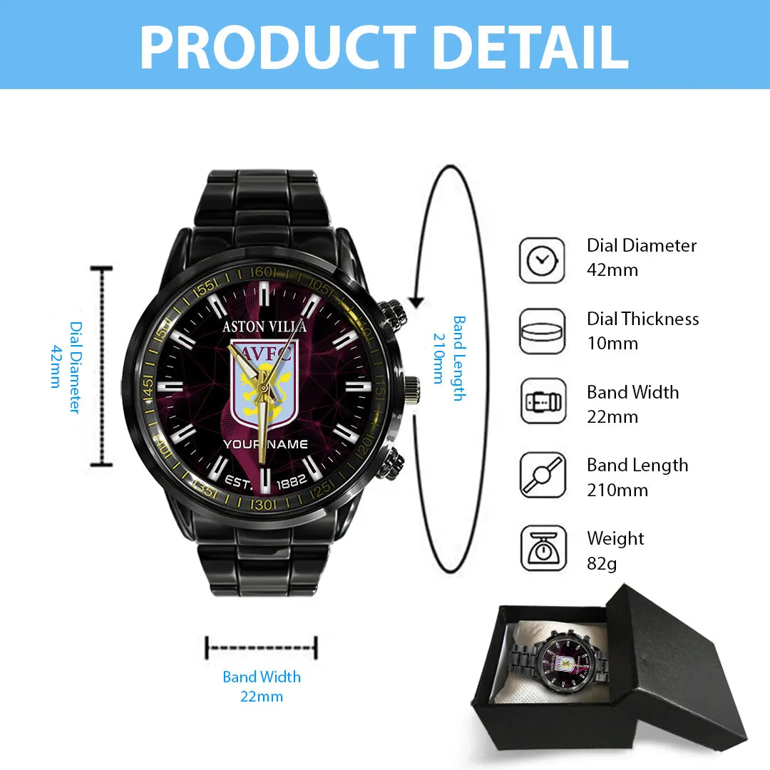 Personalized Aston Villa FC Black Stainless Steel Watch – TANTN23560