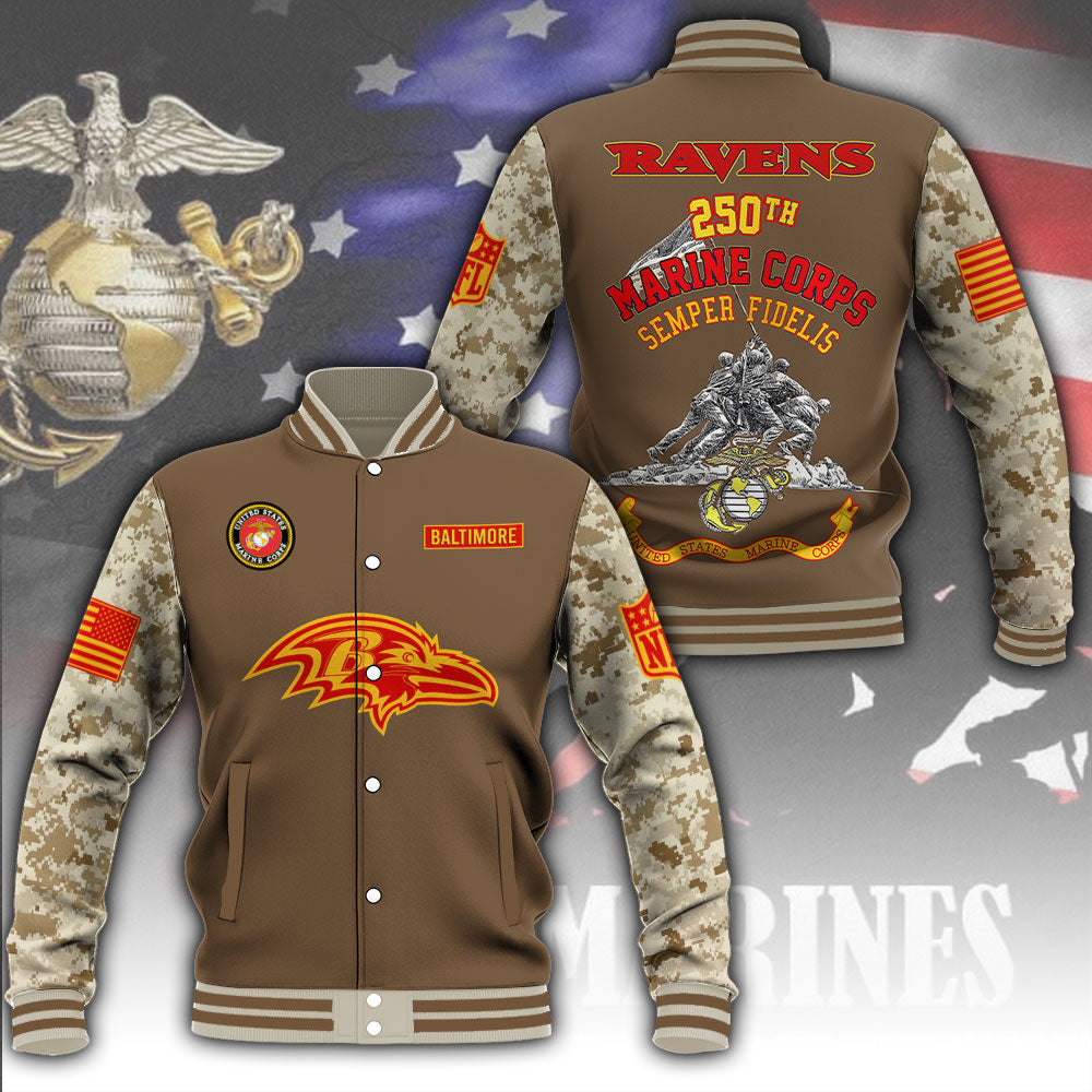 Baltimore Ravens x US Marine Corps 250th Anniversary Varsity Jacket – MAITM12773