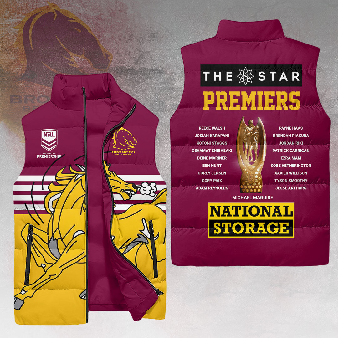 Brisbane Broncos 2025 NRL Premiers 3D Sleeveless Down Jacket – HOATT14016