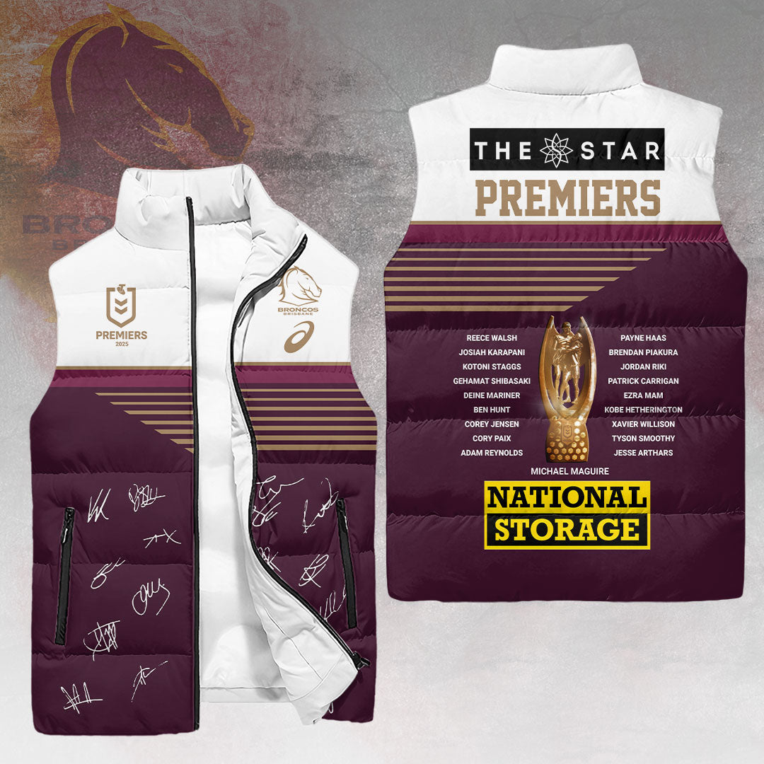 Brisbane Broncos 2025 NRL Premiers 3D Sleeveless Down Jacket – HOATT14028