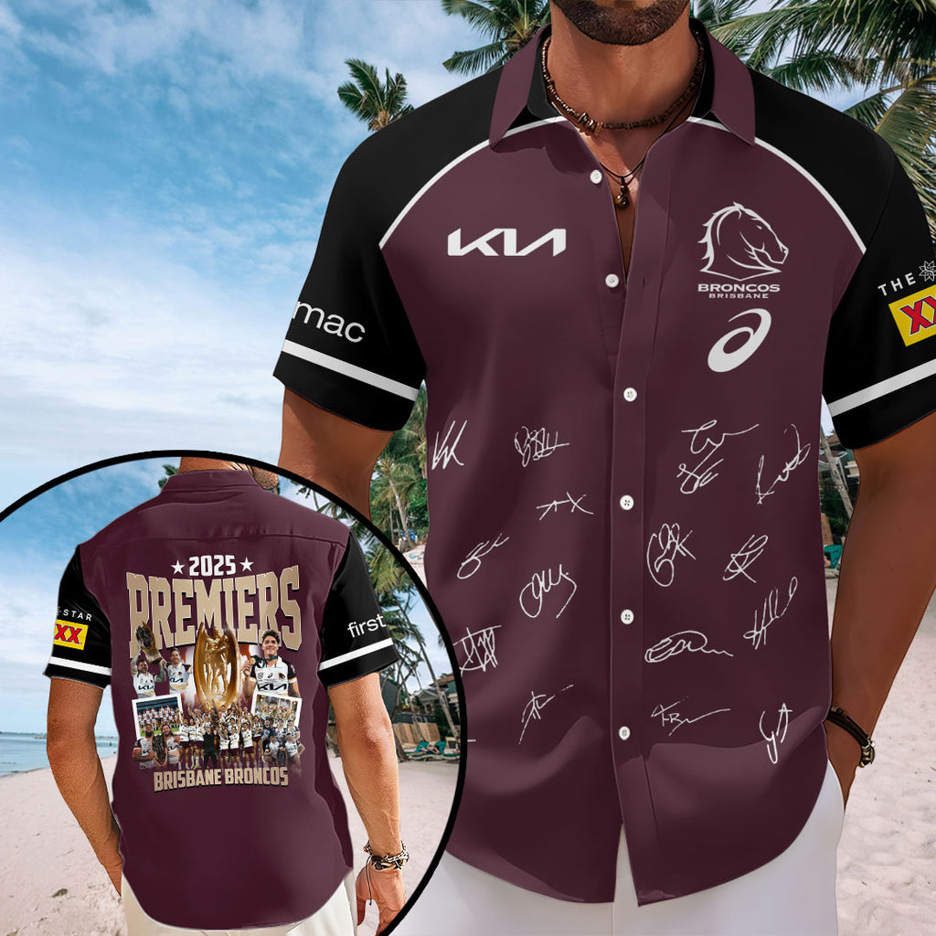 Brisbane Broncos 2025 NRL Premiers Short Sleeve Button-Down Shirt – HOATT14489