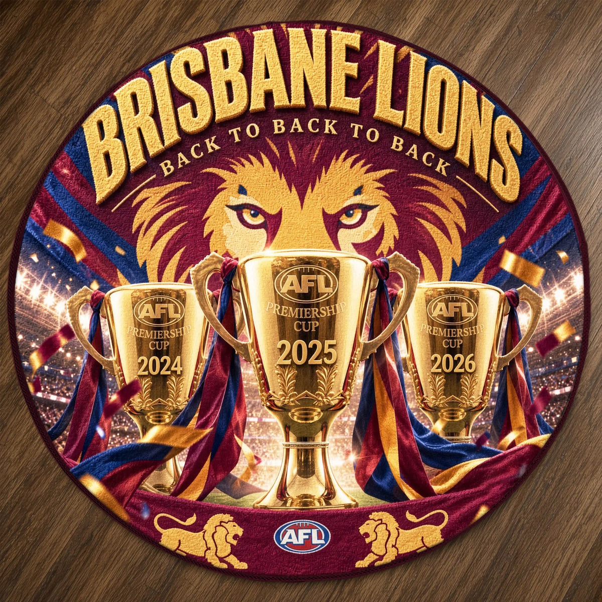 Brisbane Lions Threepeat Premiers Foldable Round Rug – TMTHU9755
