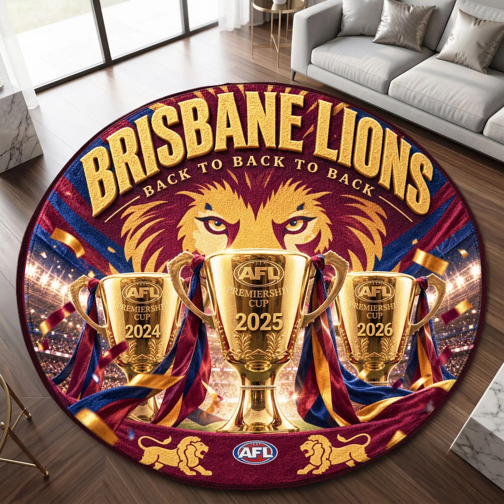 Brisbane Lions Threepeat Premiers Foldable Round Rug – TMTHU9755