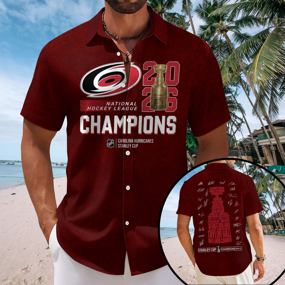 Carolina Hurricanes 2026 Stanley Cup Champions Short Sleeve Button-Down Shirt – TMTHU7051