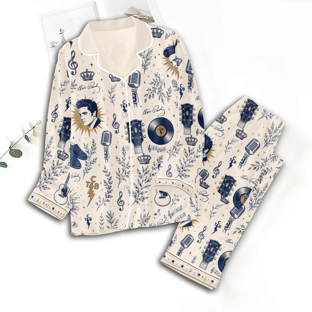 Elvis Presley Satin Pajama Set with Piping – TMTHU9111