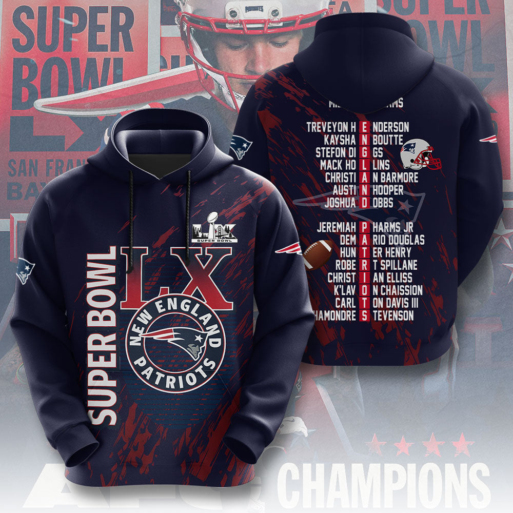 New England Patriots 2025 AFC Champions 3D Apparel – TMTHU3454
