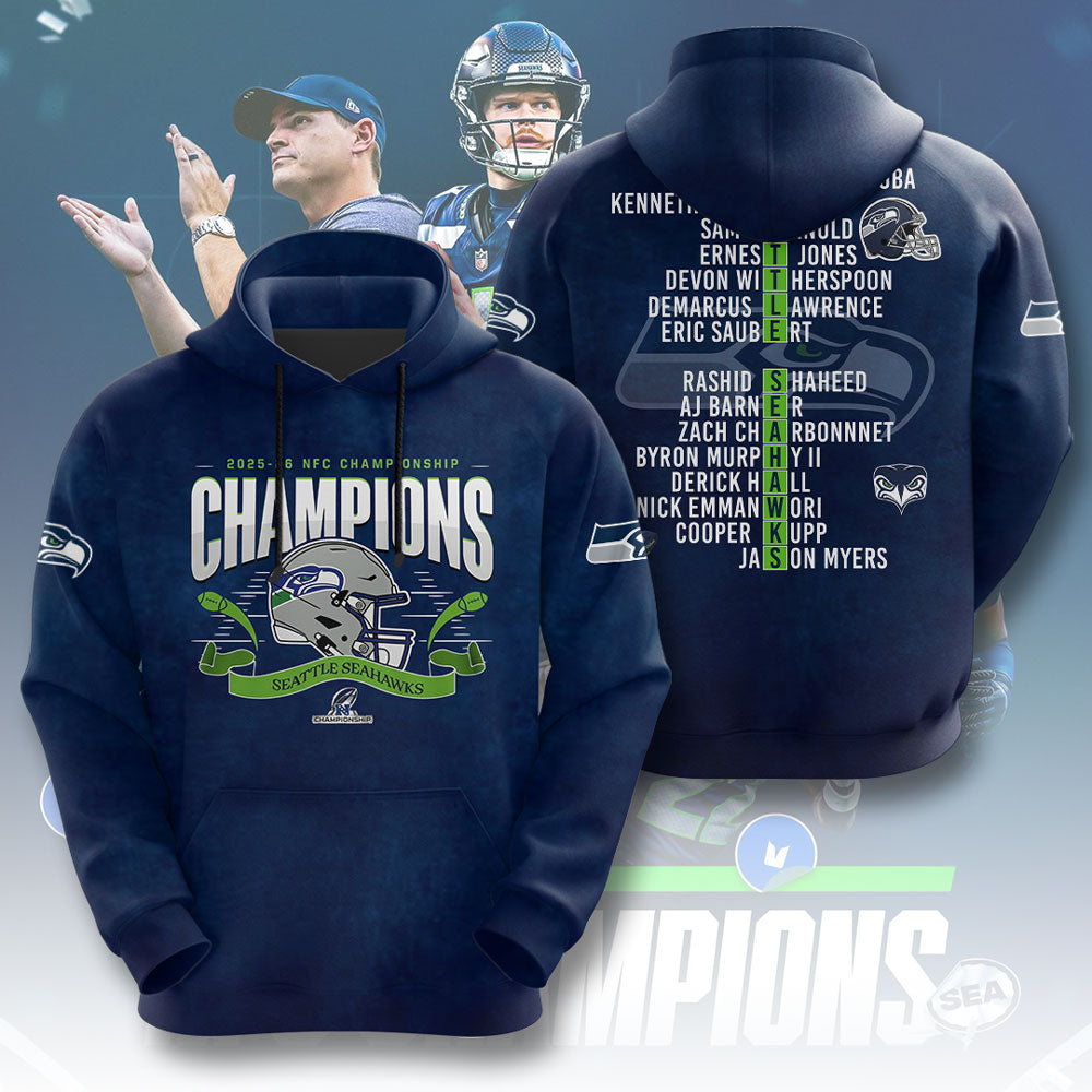 Seattle Seahawks 2025 NFC Champions 3D Apparel – TMTHU3467