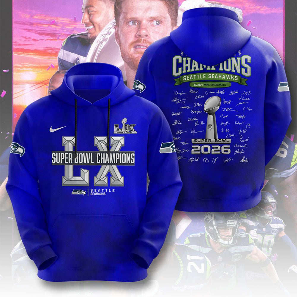 Seattle Seahawks 2025 Super Bowl LX Champions 3D Apparel – TMTHU3886