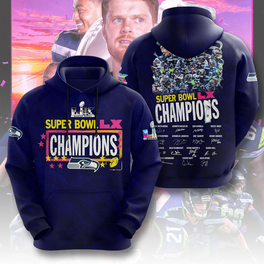 Seattle Seahawks 2025 Super Bowl LX Champions 3D Apparel – TMTHU3903