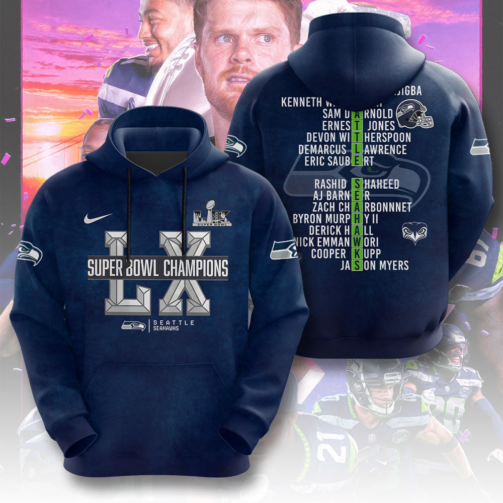 Seattle Seahawks 2x Super Bowl Champions 3D Apparel – TMTHU3983