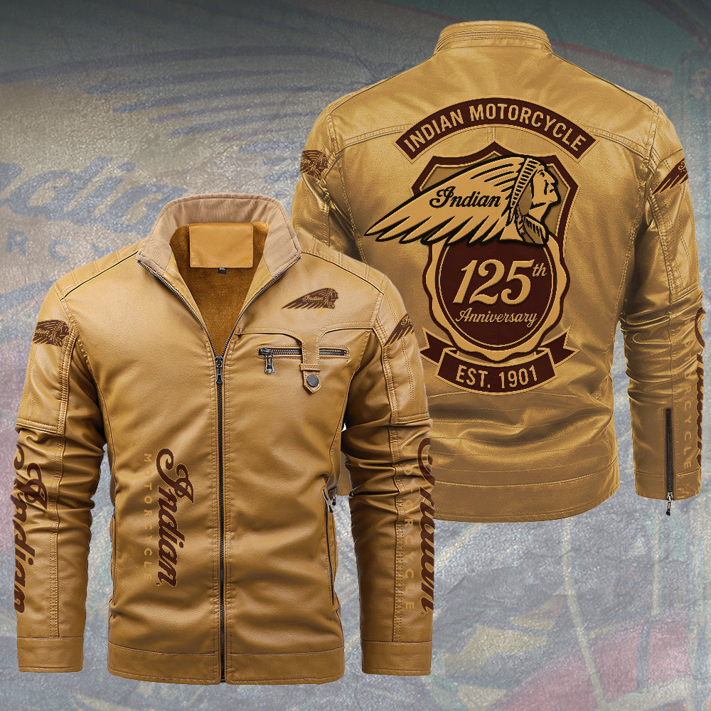 Indian Motorcycle 125th Anniversary 2D Leather Yellow Fleece Jacket – TMTHU8560