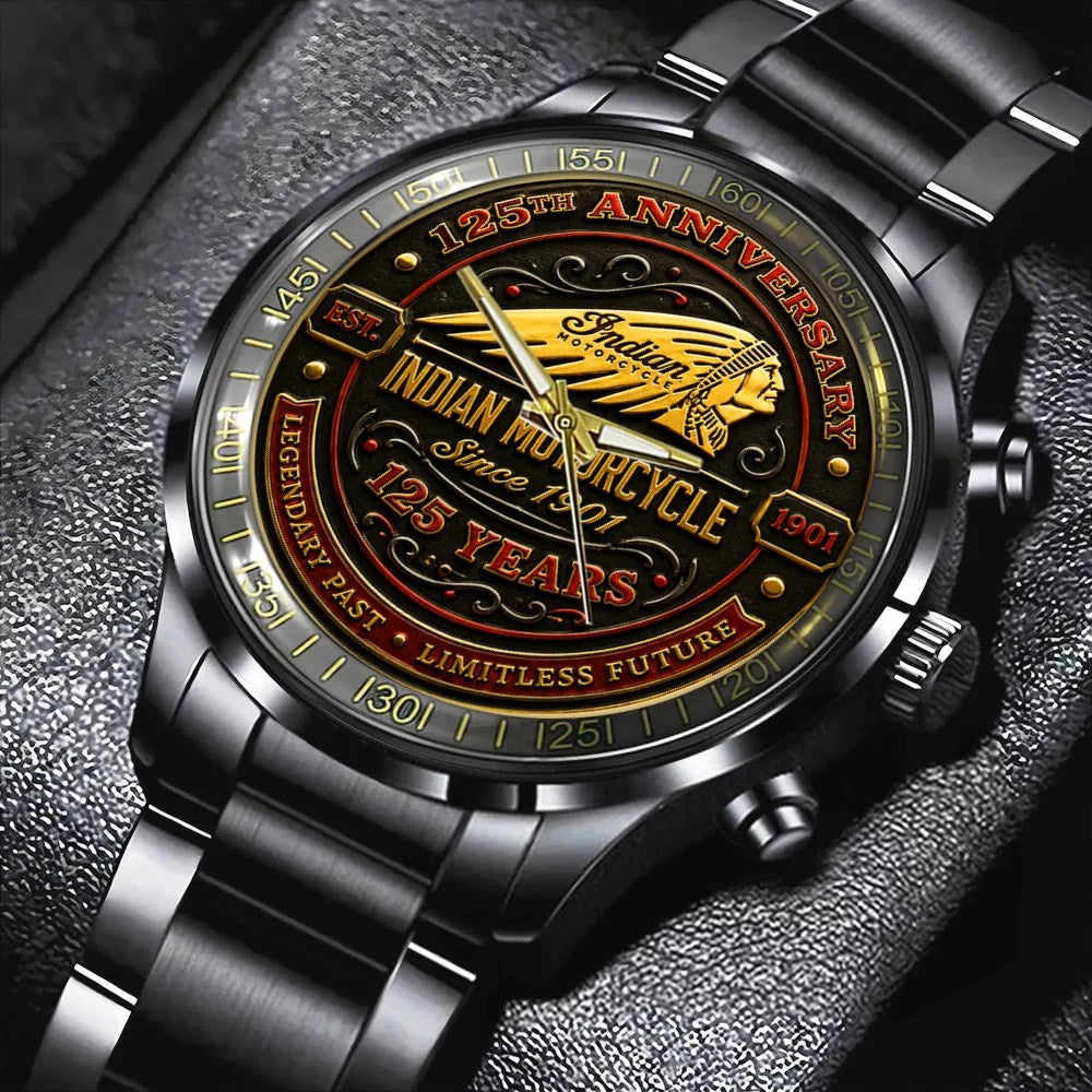 Indian Motorcycle 125th Anniversary Black Stainless Steel Watch – TMTHU8648