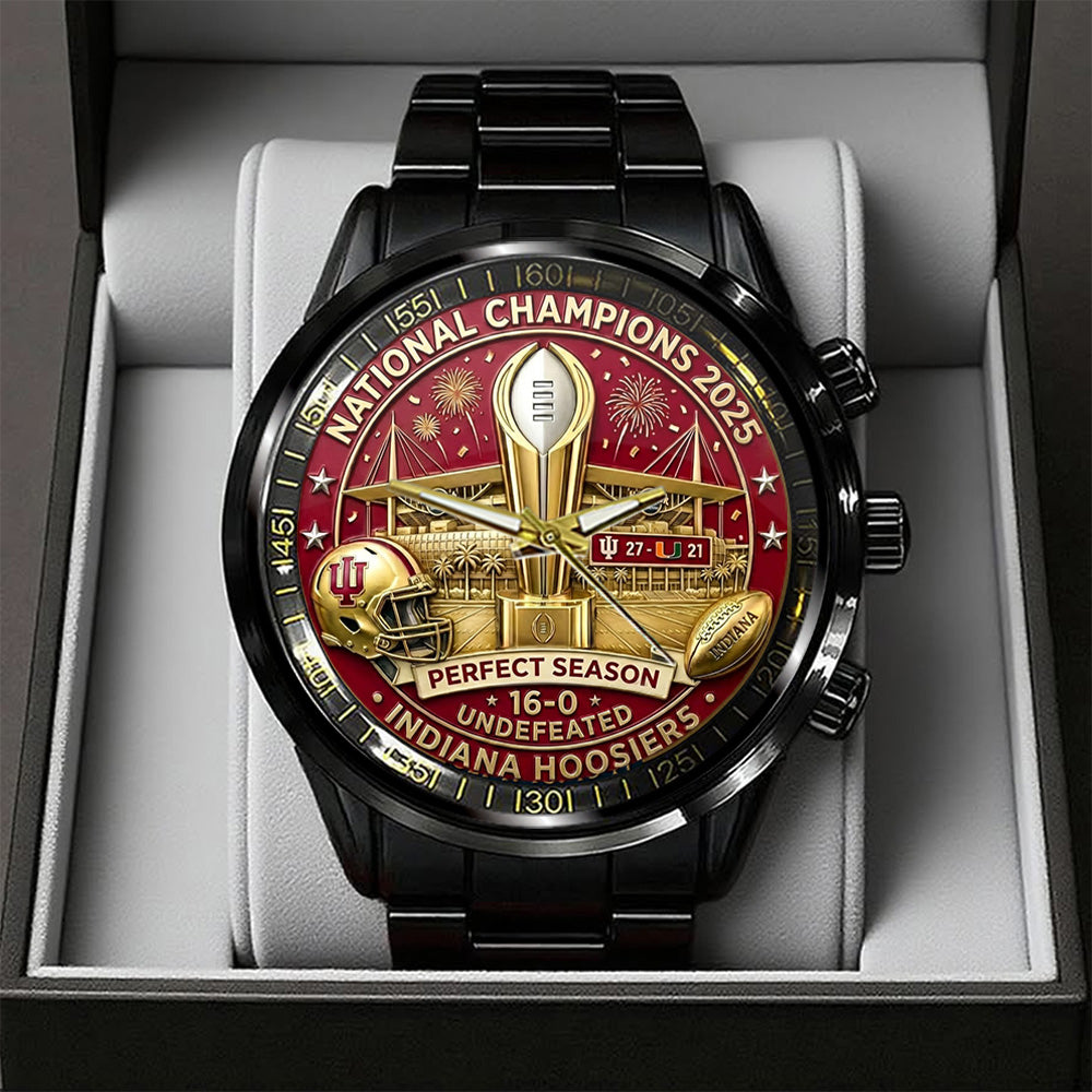Indiana Hoosiers Football 2025 National Champions Black Stainless Steel Watch – TANTN20524