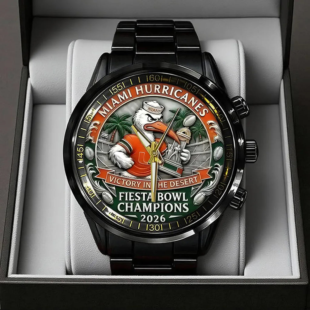 Miami Hurricanes Football 2026 Fiesta Bowl Champions Black Stainless Steel Watch – TANTN20140