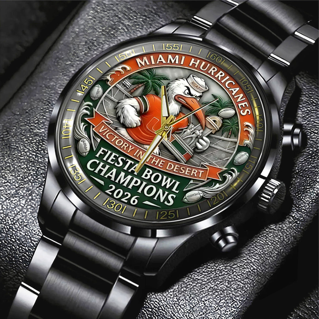 Miami Hurricanes Football 2026 Fiesta Bowl Champions Black Stainless Steel Watch – TANTN20140