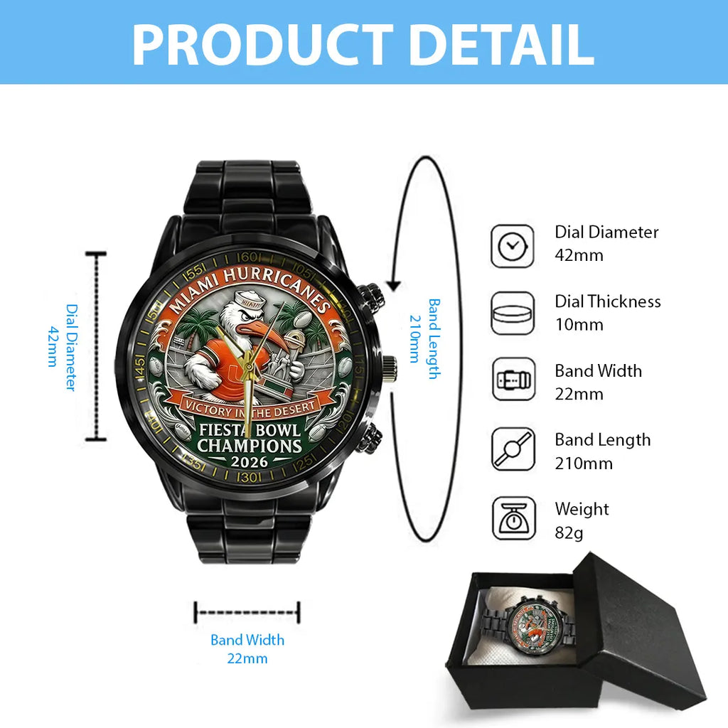 Miami Hurricanes Football 2026 Fiesta Bowl Champions Black Stainless Steel Watch – TANTN20140