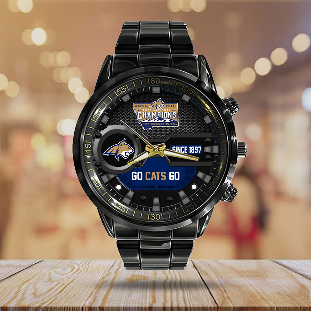 Montana State Bobcats Football 2025 National Champions Black Stainless Steel Watch – MAITM14684