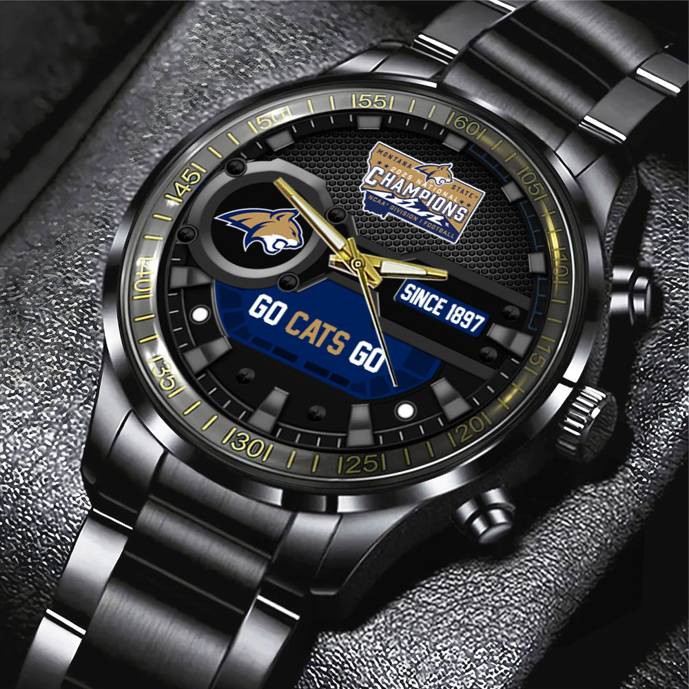Montana State Bobcats Football 2025 National Champions Black Stainless Steel Watch – MAITM14684