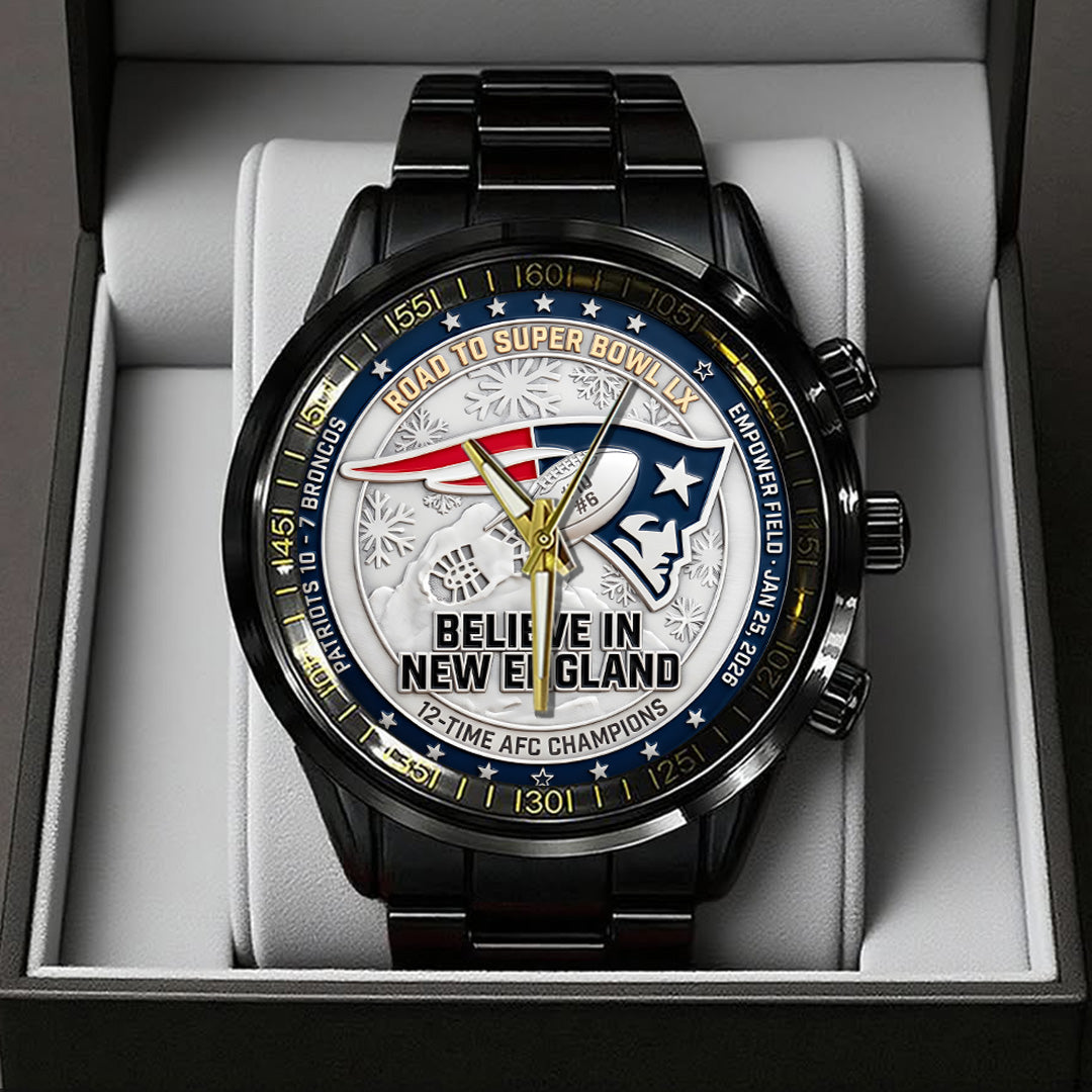 New England Patriots 2025 AFC Champions Black Stainless Steel Watch – TANTN20685