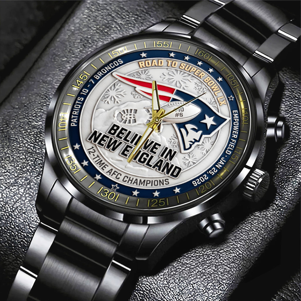 New England Patriots 2025 AFC Champions Black Stainless Steel Watch – TANTN20685