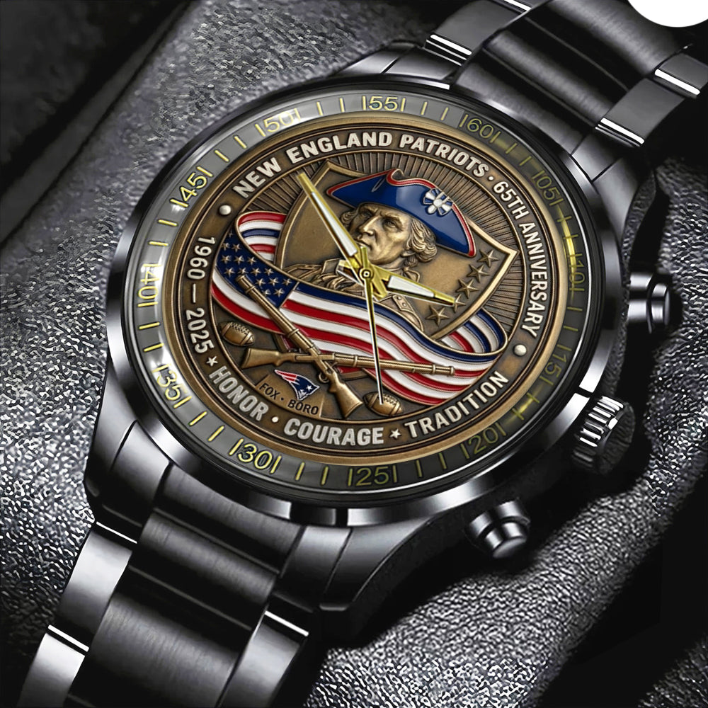New England Patriots 65th Anniversary 2025 Black Stainless Steel Watch – TMTHU2751