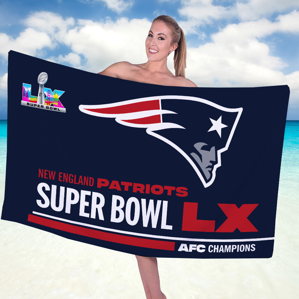 New England Patriots 2025 AFC Champions Rectangle Beach Towel – TANTN20602