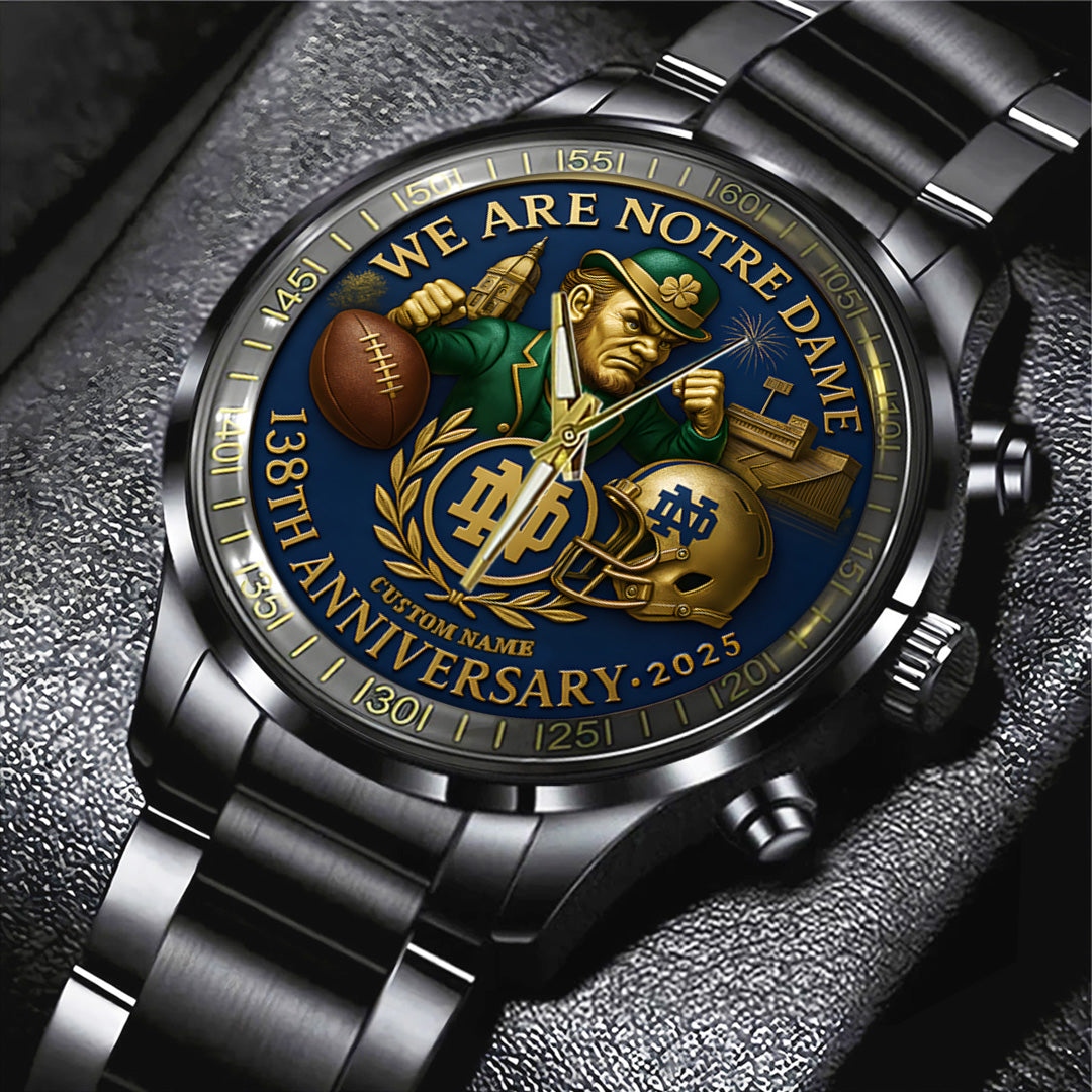 Personalized Notre Dame Fighting Irish Football 138th Anniversary 2025 Black Stainless Steel Watch – TANTN16199