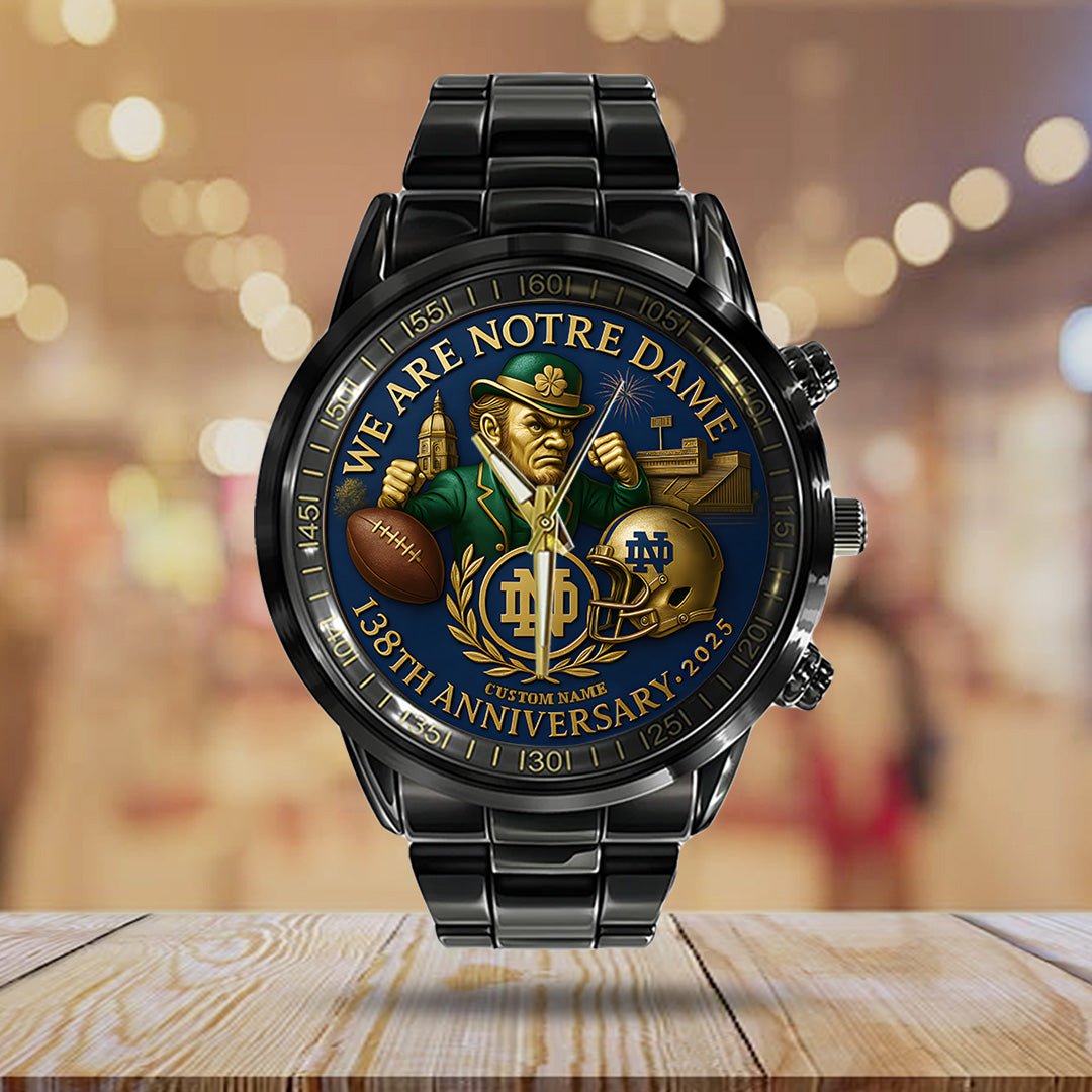 Personalized Notre Dame Fighting Irish Football 138th Anniversary 2025 Black Stainless Steel Watch – TANTN16199