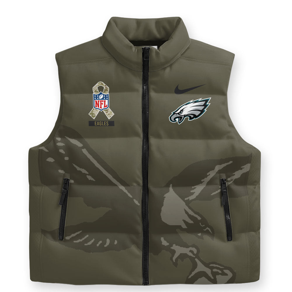 Personalized Philadelphia Eagles x Salute To Service 2025 3D Sleeveless Down Jacket – TMTHU1133
