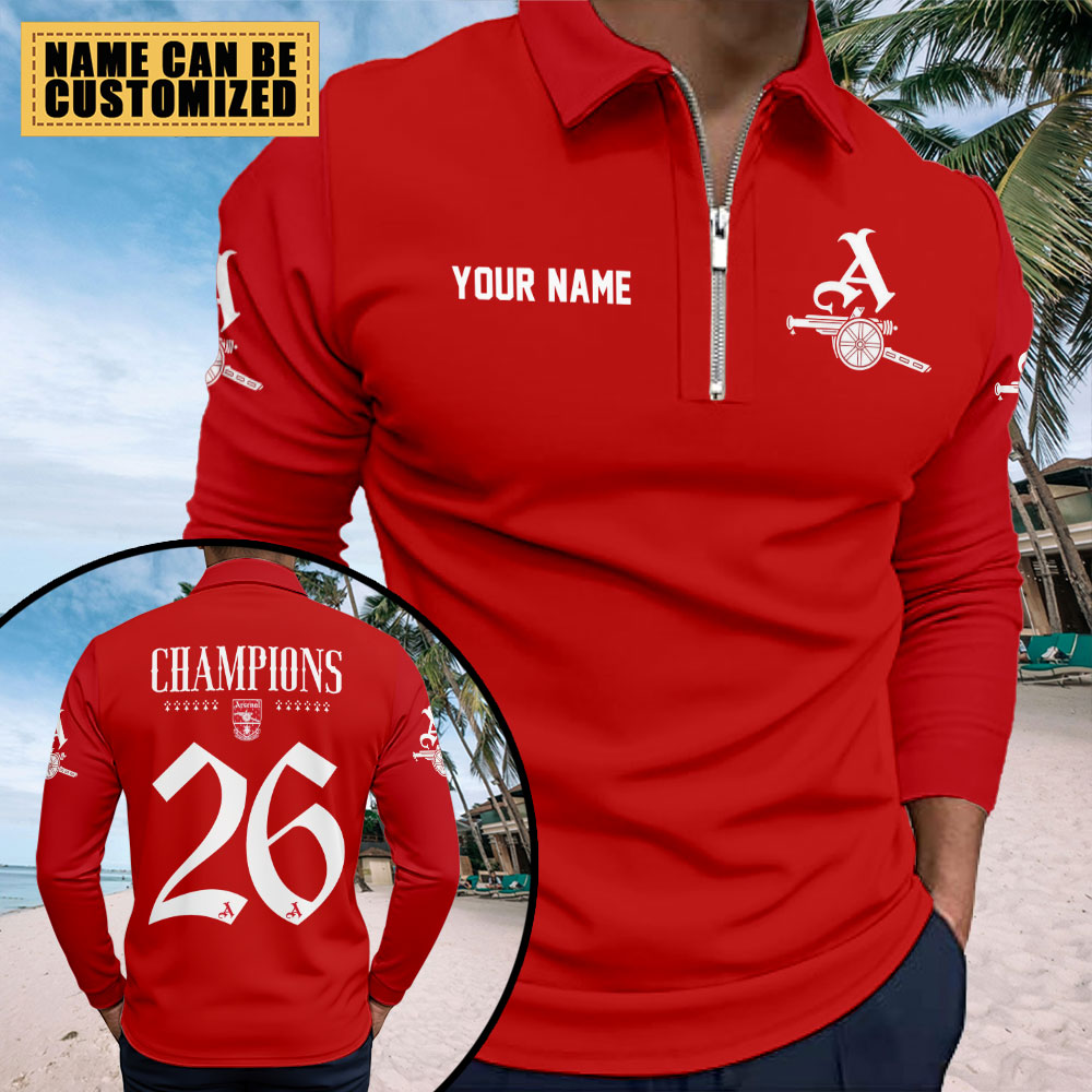 Personalized Arsenal FC Premier League Champions 25/26 Zip Polo Shirt – TMTHU6411
