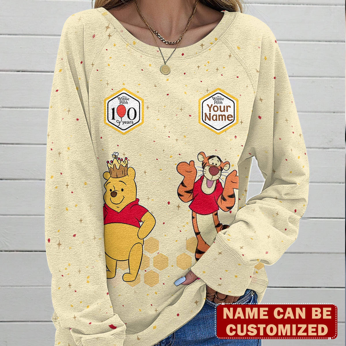Personalized Winnie-the-Pooh 100th Anniversary Round Neck Raglan Sleeve Sweatshirt – TMTHU7713