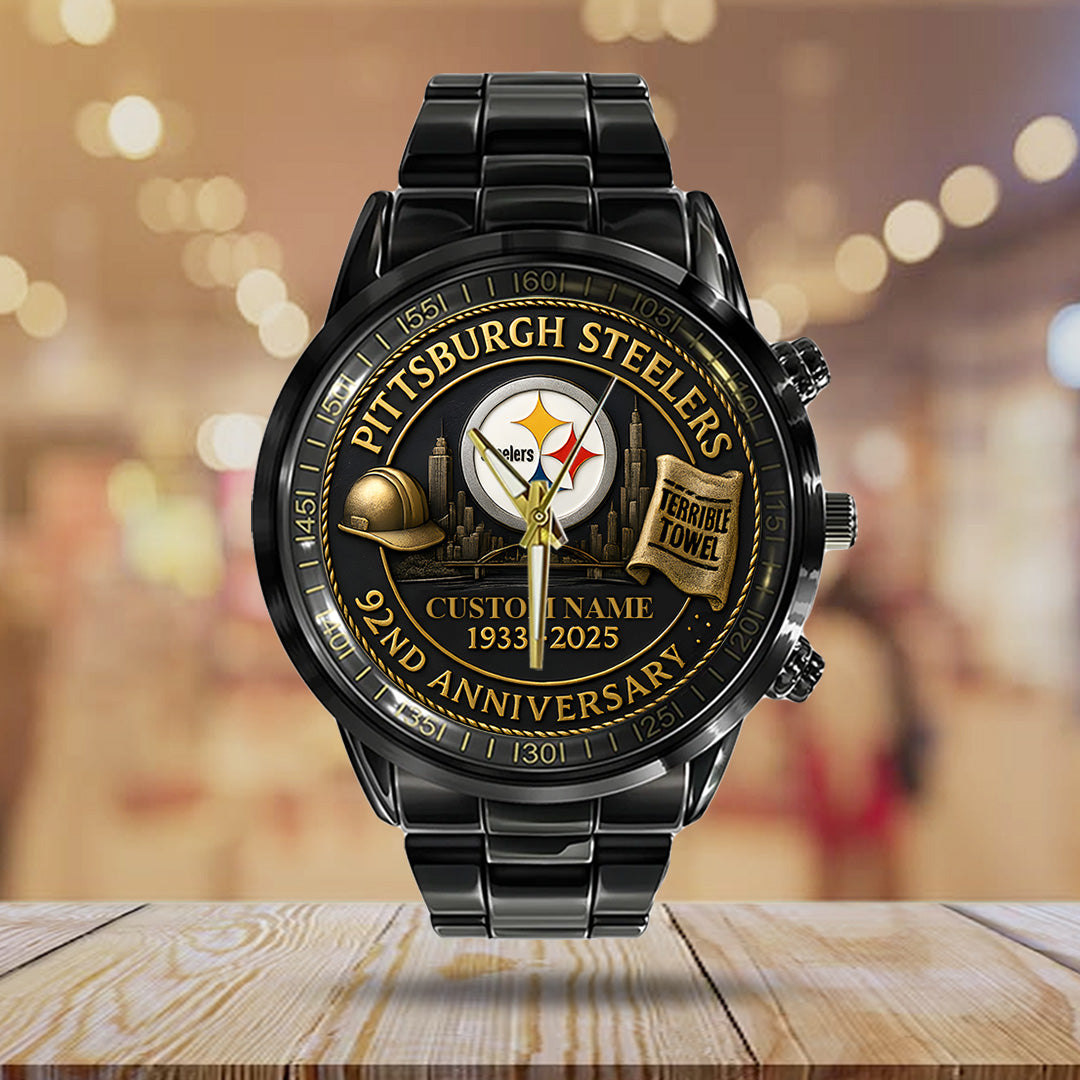 Personalized Pittsburgh Steelers 92nd Anniversary 2026 Black Stainless Steel Watch – TANTN16135