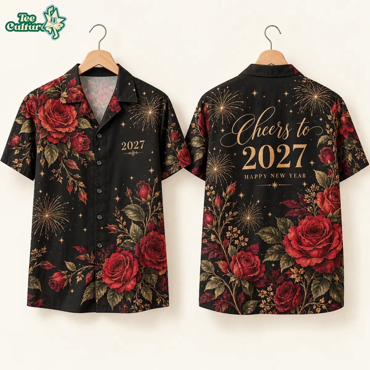 Red Rose New Year Shirt - 2027 Fireworks Button-up