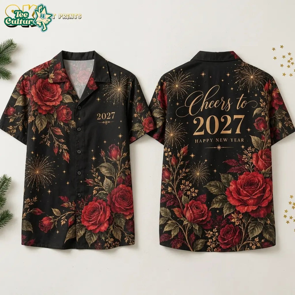 Red Rose New Year Shirt - 2027 Fireworks Button-up