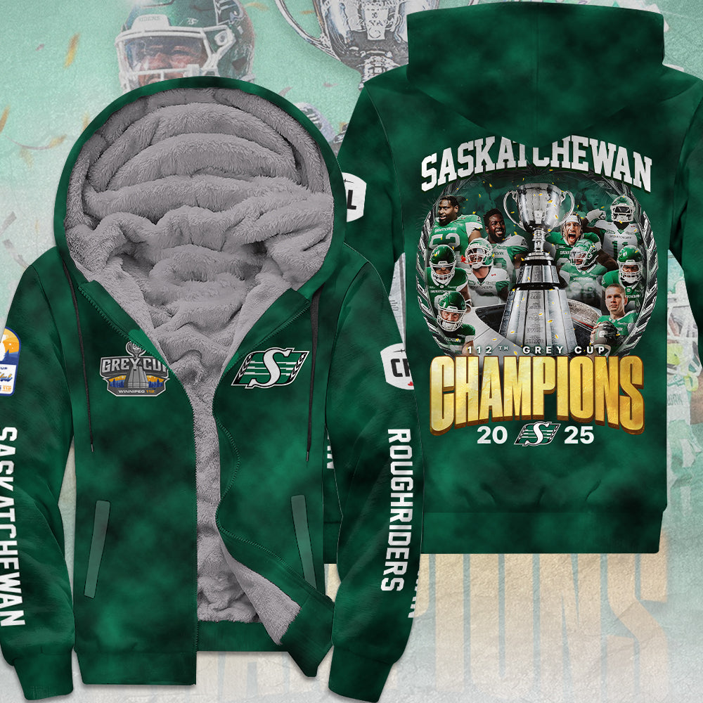 Saskatchewan Roughriders 2025 Grey Cup Champions 3D Fleece Zip Hoodie – MAITM13923