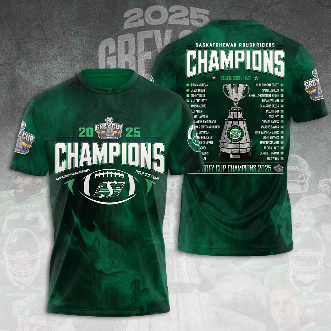 Saskatchewan Roughriders 2025 Grey Cup Champions 3D Apparel – TANTN18825