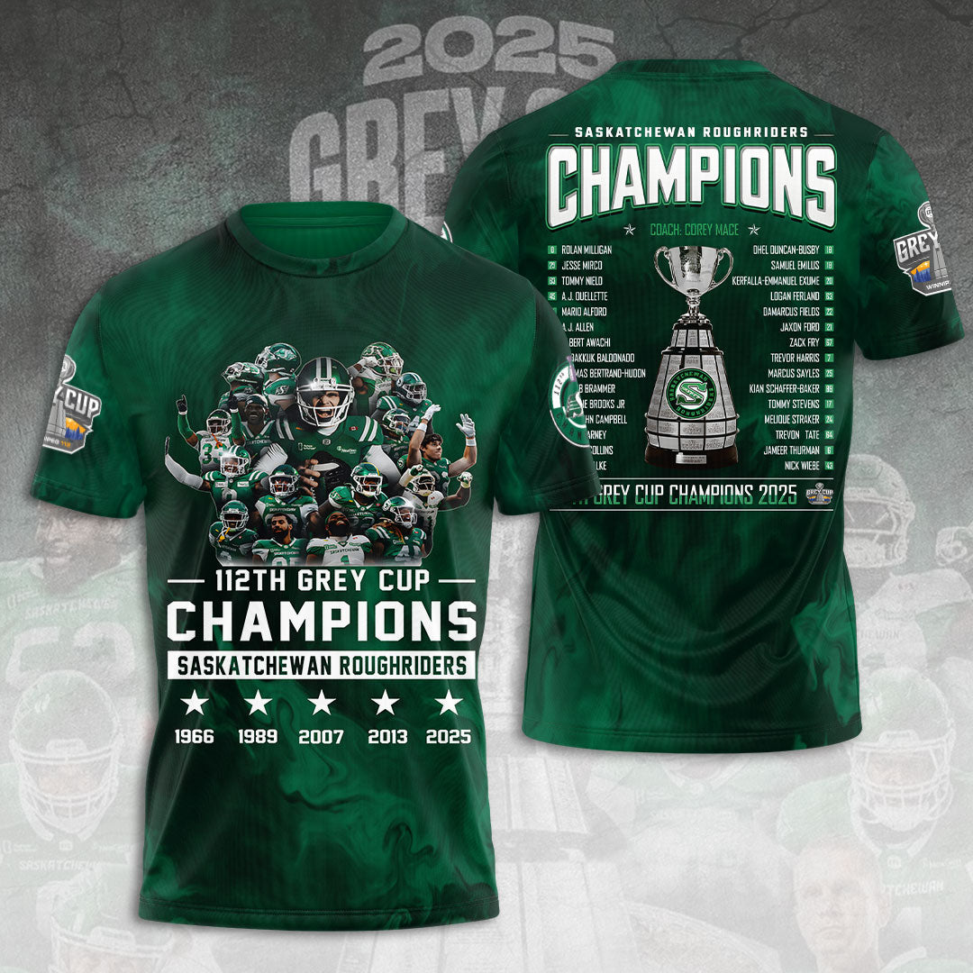 Saskatchewan Roughriders 2025 Grey Cup Champions 3D Apparel – TANTN18831