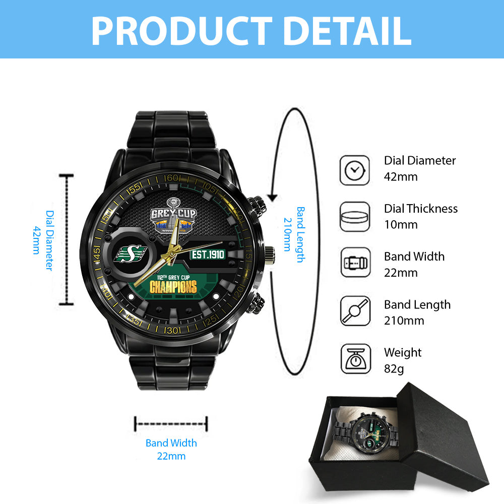 Saskatchewan Roughriders 2025 Grey Cup Champions Black Stainless Steel Watch – MAITM13913