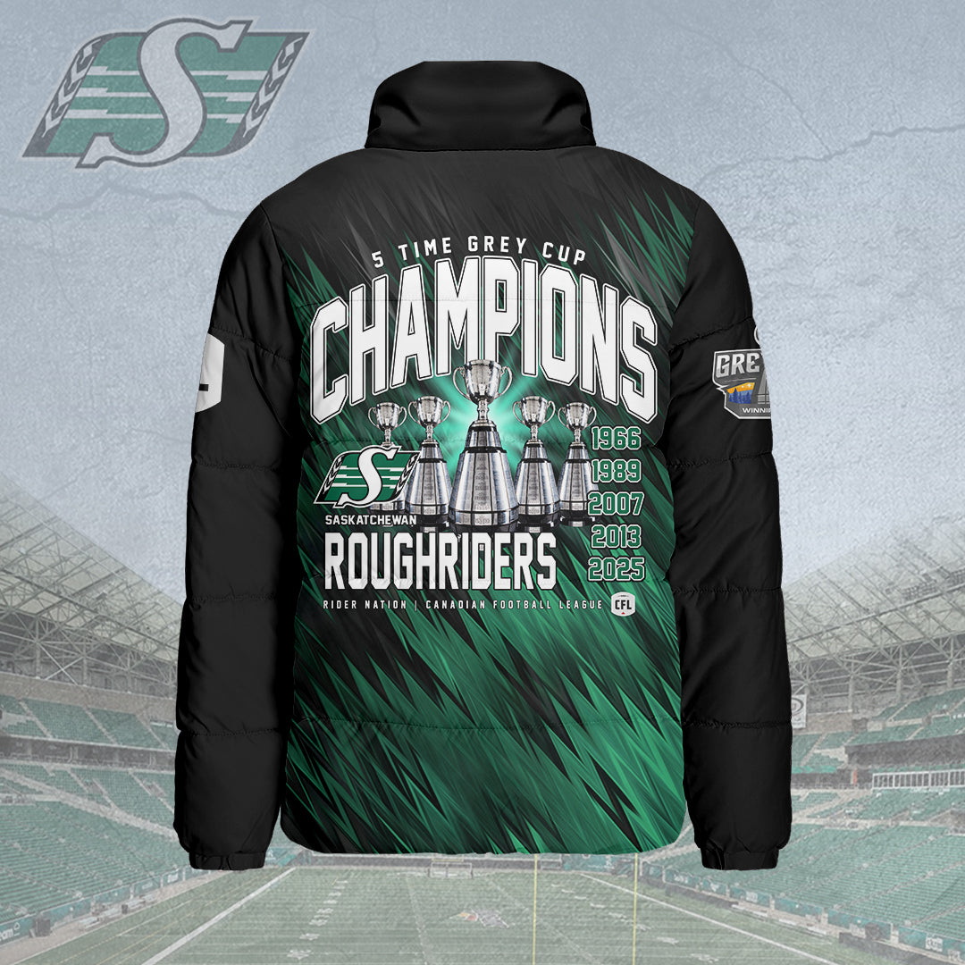 Saskatchewan Roughriders 2025 Grey Cup Champions 3D Stand Collar Puffer Jacket – HOATT14839