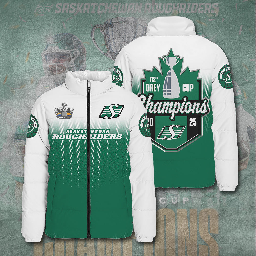 Saskatchewan Roughriders 2025 Grey Cup Champions 3D Stand Collar Puffer Jacket – TANTN18975