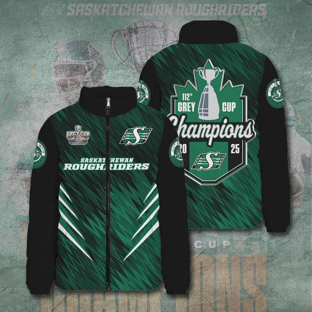 Saskatchewan Roughriders 2025 Grey Cup Champions 3D Stand Collar Puffer Jacket – TANTN18978