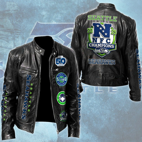 Seattle Seahawks 2025 NFC Champions Motorcycle Leather Jacket – TMTHU3728